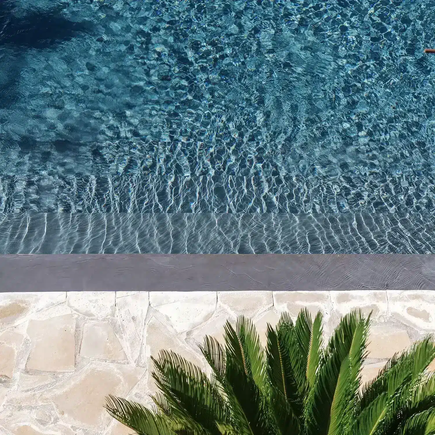Saltwater pool and view in the golden morning light at Finca Legado