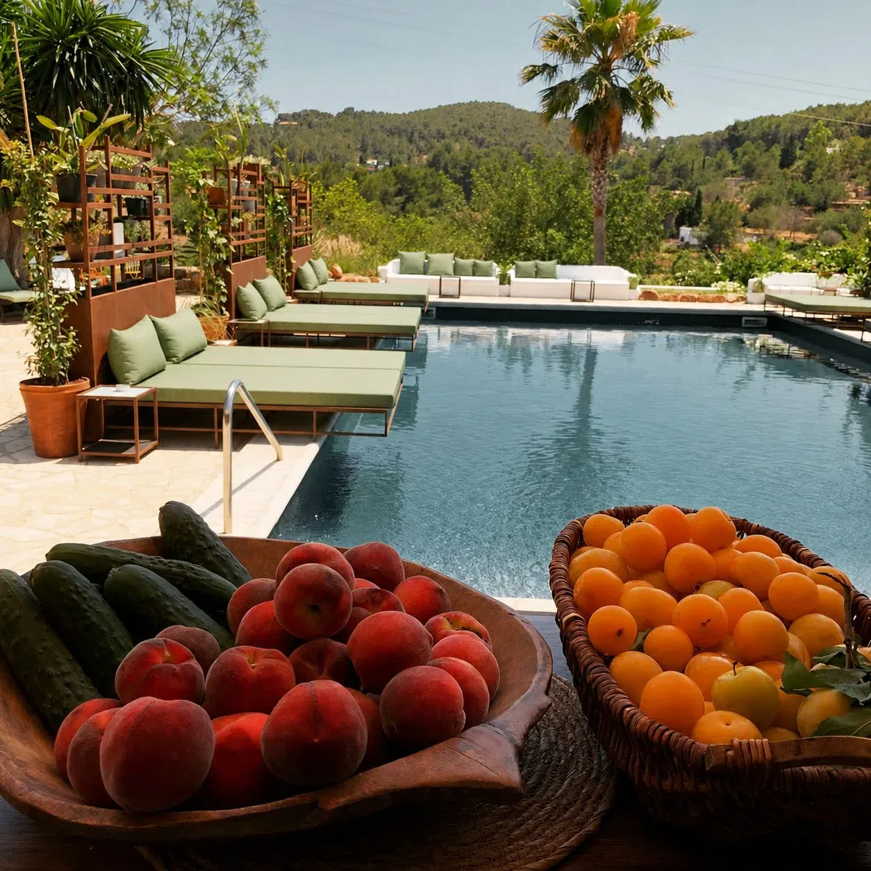 Legado pool bar with fresh garden fruit and view of the pool loungers